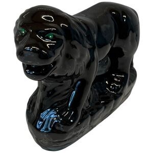 Vtg MCM Black Ceramic Stalking Lion Cat Figurine Green Eyes 9” Gloss Art Rare